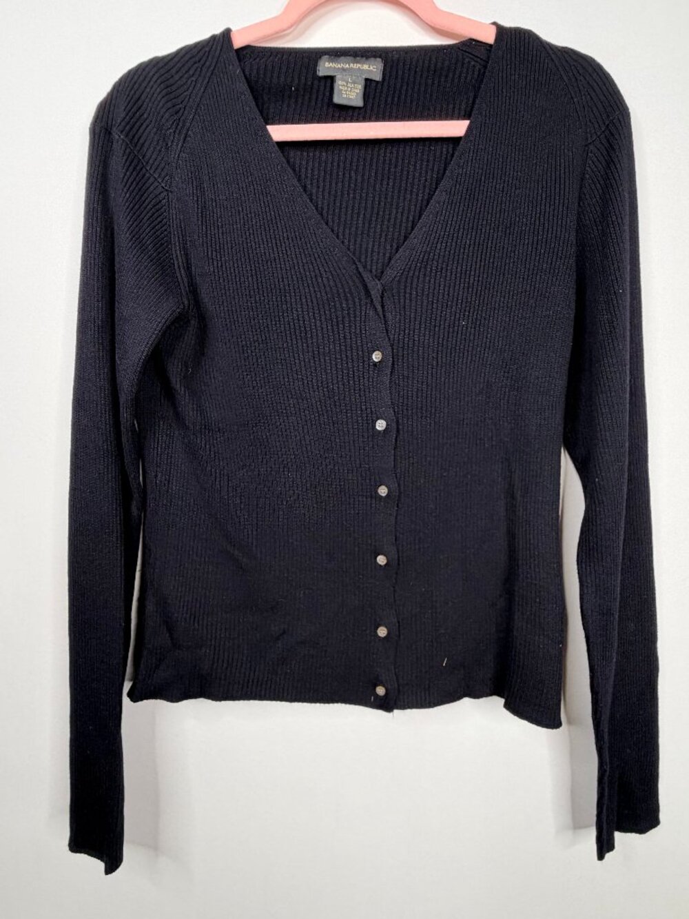 Banana Republic Silk Ribbed V-Neck Cardigan Black Large #A3204 - Picture 2 of 5